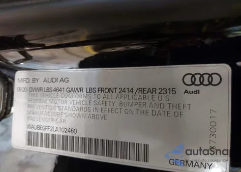 2020 Audi A3 Premium 45 Tfsi S Line Quattro S Tronic z USA, uszkodzony, nr VIN WAUBEGFF2LA102460